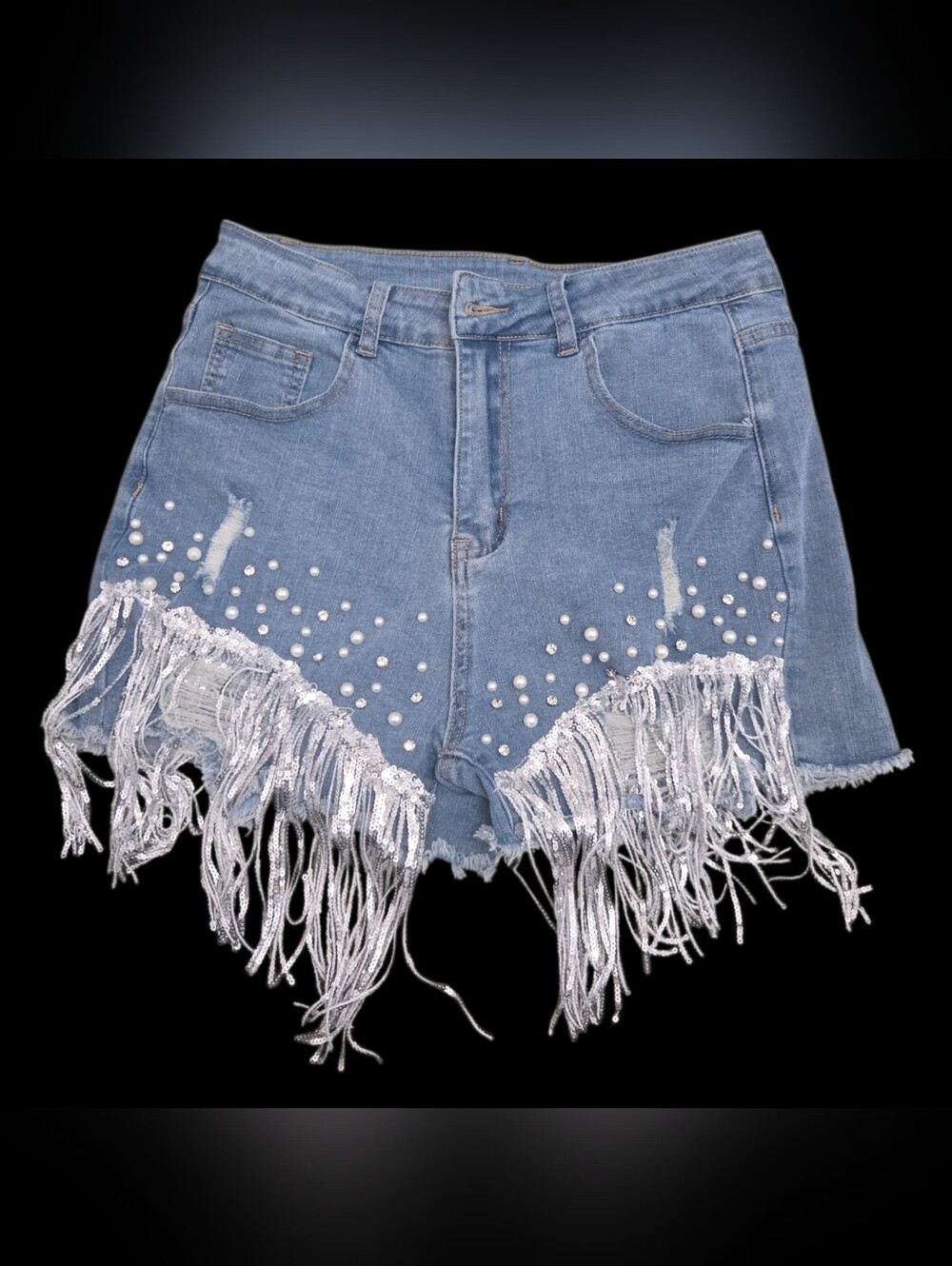 Denim Fringe Pearl-Embellished Women's Shorts